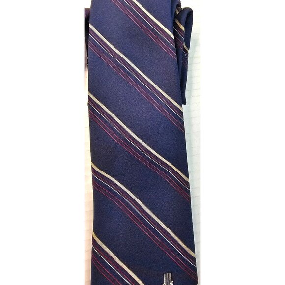 Lanvin Mens Navy Blue Striped Silk Tie With Red & Yellow Accents - Picture 8 of 8